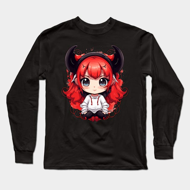 Cute Anime Demon Girl with Fiery Horns Long Sleeve T-Shirt by BrushedbyRain